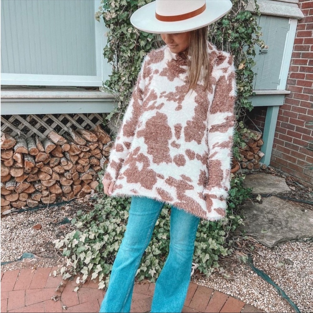 SMYM Frances Holy Cow Print Cowl Neck Fuzzy Sweater - Picture 1 of 11